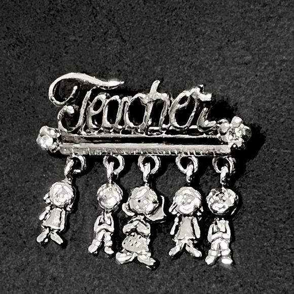 Danecraft Teacher Brooch Dangle Charms Kids Students Silver Tone Vintage Pin - Picture 1 of 6